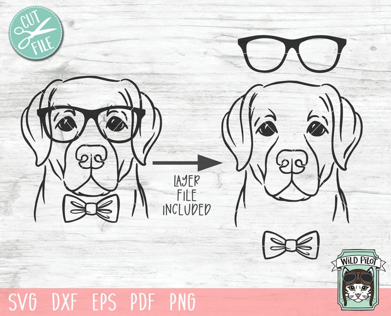 May include: Black and white line art illustration of a Labrador Retriever wearing glasses and a bow tie. The dog is looking straight ahead. The image is on a woodgrain background.