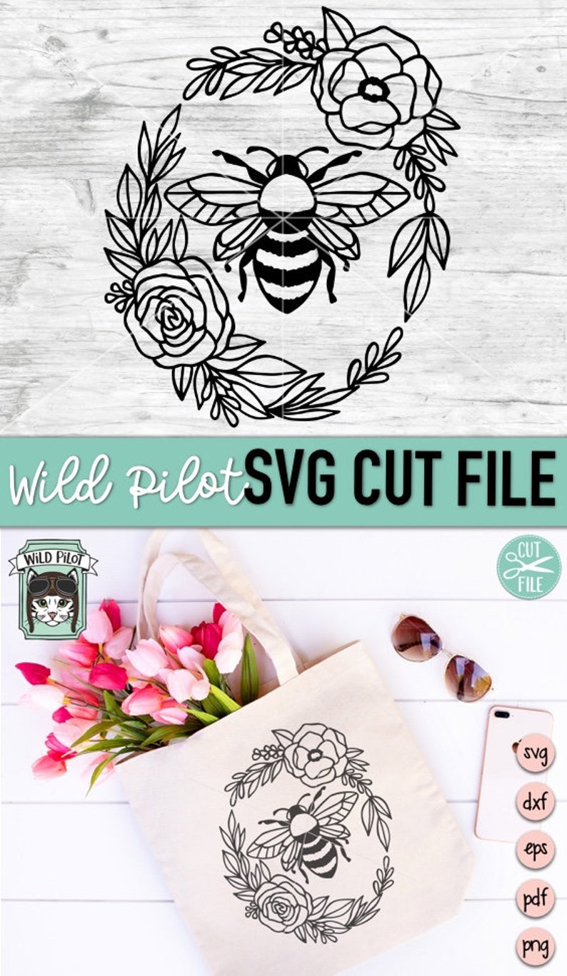 Puede incluir: Descarga digital en blanco y negro de una abeja rodeada de flores en forma de corona. El dise&ntilde;o es perfecto para proyectos de manualidades como bolsas de mano, camisetas y decoraci&oacute;n del hogar.