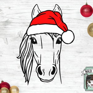 馬のサンタ帽子 svg ファイル、帽子をかぶった馬 svg、クリスマス svg ファイル、馬 svg、クリスマス カット ファイル、クリスマス サンタ帽子 svg、農場のクリスマス svg 画像 1