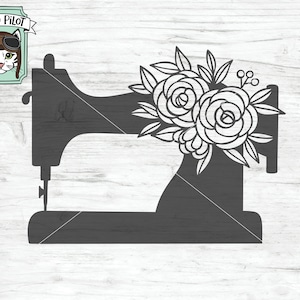 May include: A black silhouette of a sewing machine with a floral design on the top. The flowers are white and have a detailed outline.