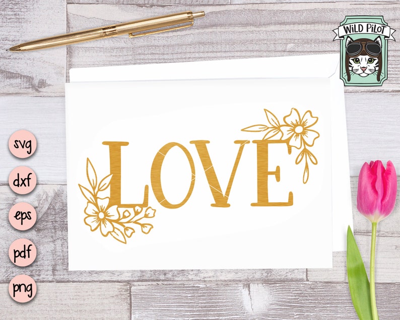 May include: Gold glitter 'LOVE' text with a floral design on a white background.
