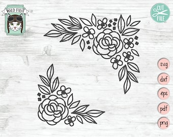 May include: Two black and white floral corner designs with large roses and smaller flowers. The designs are on a white woodgrain background.