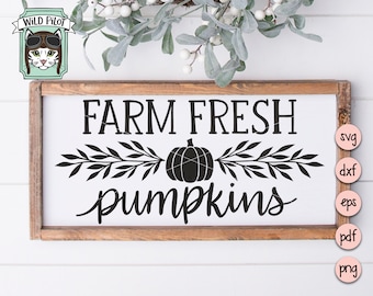 Könnte beinhalten: Holzgerahmtes Schild mit dem Text "FARM FRESH pumpkins" in Schwarz. Eine schwarze Kürbisgrafik ist zentriert, flankiert von Blättern. In der oberen linken Ecke befindet sich eine Cartoon-Katze mit Fliegerbrille.