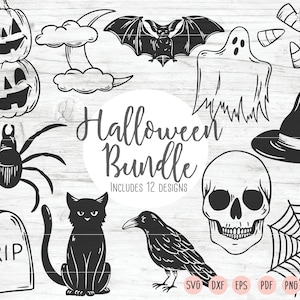 May include: A set of 12 Halloween-themed digital clipart images, including a spider, a ghost, a skull, a bat, a witch's hat, a crow, a cat, a pumpkin, a tombstone, a spiderweb, and a crescent moon with clouds. The text "Halloween Bundle" and "Includes 12 Designs" is also included in the image.