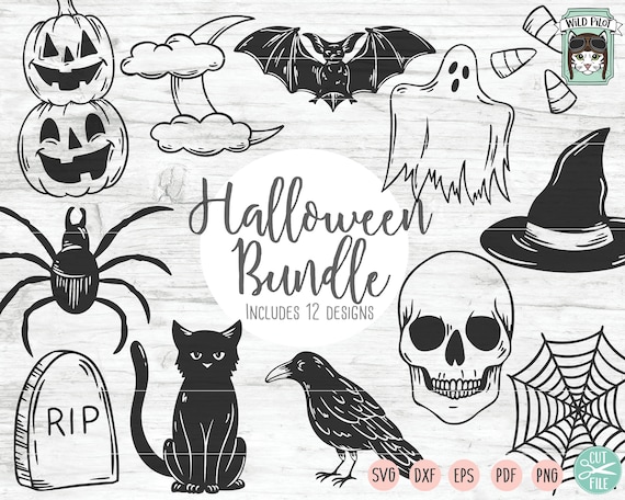 Halloween Bundle SVG, Halloween SVG Cut File, Pumpkin SVG, Jack-O-Lantern, Spider, Web, Skull, Witch Hat, Black Cat, Moon, Candy Corn, Crow