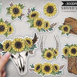 May include: Nine digital stickers featuring sunflowers and western-themed imagery. The stickers include a skull with sunflowers, a horseshoe with sunflowers, a cowboy hat with sunflowers, a cowboy boot with sunflowers, and various arrangements of sunflowers.