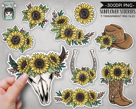 PRINTABLE Sunflower Sticker files PNG file, Sunflower Illustrations, Planner Sticker file, Cow Skull, Cowboy Hat, Horseshoe, Boots Digital