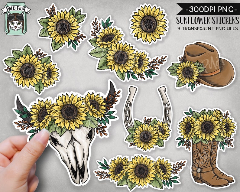 May include: Nine digital stickers featuring sunflowers and western-themed imagery. The stickers include a skull with sunflowers, a horseshoe with sunflowers, a cowboy hat with sunflowers, a cowboy boot with sunflowers, and various arrangements of sunflowers.