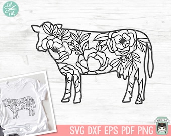 May include: A black and white floral cow design. The cow silhouette is filled with detailed floral patterns. A white t-shirt with the same design is shown in the corner. The text "CUT FILE" is in the upper left corner.
