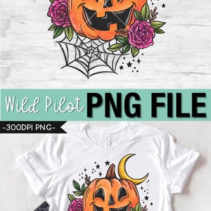 May include: A digital illustration of a smiling jack-o'-lantern with a crescent moon, stars, and pink roses. The jack-o'-lantern is surrounded by a spider web.  The image has a transparent background.