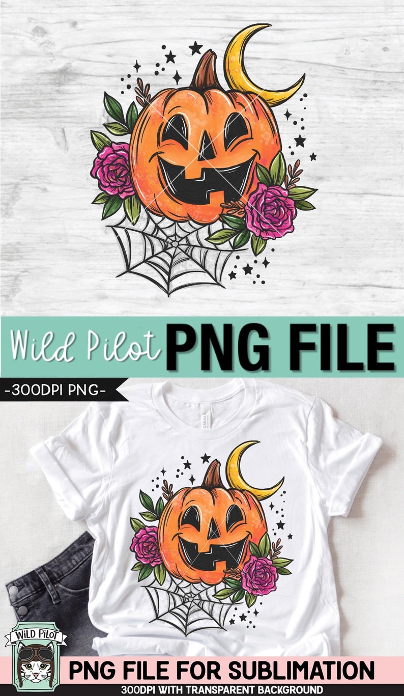 May include: A digital illustration of a smiling jack-o'-lantern with a crescent moon, stars, and pink roses. The jack-o'-lantern is surrounded by a spider web.  The image has a transparent background.