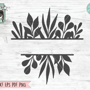 May include: Black and white silhouette of a split monogram frame with leafy floral designs on the top and bottom. The frame is on a woodgrain background. SVG DXF EPS PDF PNG.