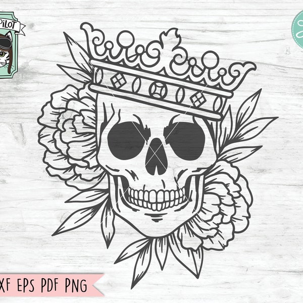 Floral Skull with Crown svg file, Crown Skull Flowers svg, Skull cut file, Queen King Skull svg file, halloween, Steampunk, gothic, witchy