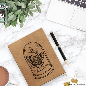 May include: A black and white line art illustration of a moth inside a glass dome. The illustration is on a brown background.