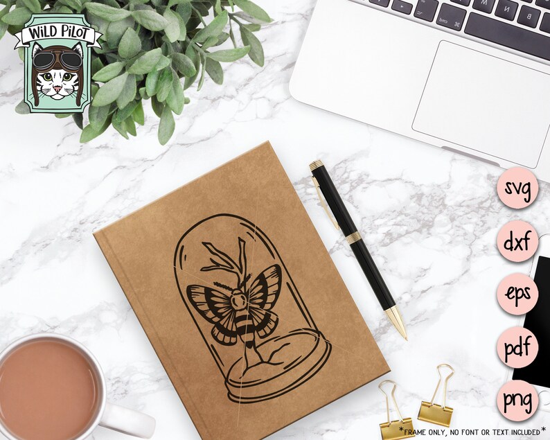 May include: A black and white line art illustration of a moth inside a glass dome. The illustration is on a brown background.