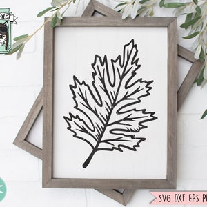 May include: Black and white line art illustration of a single oak leaf. The leaf is stylized and has a detailed vein pattern. The image is on a white background.