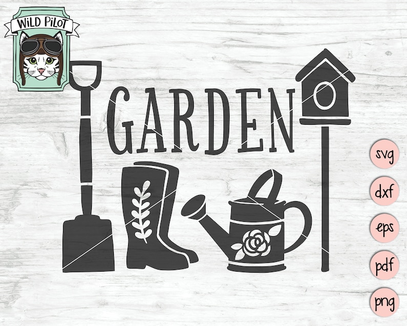 Garden SVG File, Gardening SVG, Garden Tools, garden sign, clip art, cut file, stencil, Shovel, Rain Boots, Watering Can, Birdhouse image 1