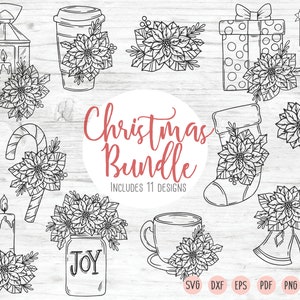 May include: A set of 11 black and white Christmas clip art designs featuring poinsettias, a candle, a lantern, a stocking, a mug, a candy cane, a mason jar with the word "JOY" on it, a gift box, and a pair of bells. The designs are ideal for creating Christmas crafts, cards, and decorations.