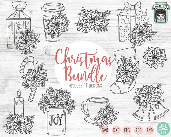 Christmas SVG File, Christmas Bundle cut file, Poinsettia, Present, Candle, Lantern, Candy cane, Coffee, Teacup, Mason Jar, Stocking, Bell