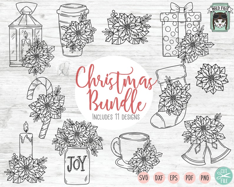 May include: A set of 11 black and white Christmas clip art designs featuring poinsettias, a candle, a lantern, a stocking, a mug, a candy cane, a mason jar with the word "JOY" on it, a gift box, and a pair of bells. The designs are ideal for creating Christmas crafts, cards, and decorations.
