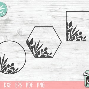 May include: Three black and white floral frame designs. The frames are a circle, a hexagon, and a square. Each frame has a floral design in the corner.