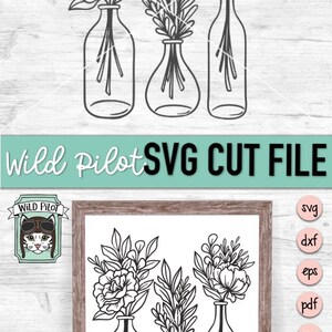 May include: Black and white line art illustration of three bouquets of flowers in glass vases. The flowers are arranged in a symmetrical pattern. The image is suitable for crafting and cutting projects.