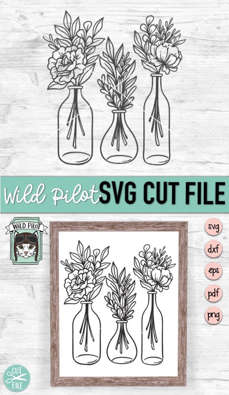 May include: Black and white line art illustration of three bouquets of flowers in glass vases. The flowers are arranged in a symmetrical pattern. The image is suitable for crafting and cutting projects.