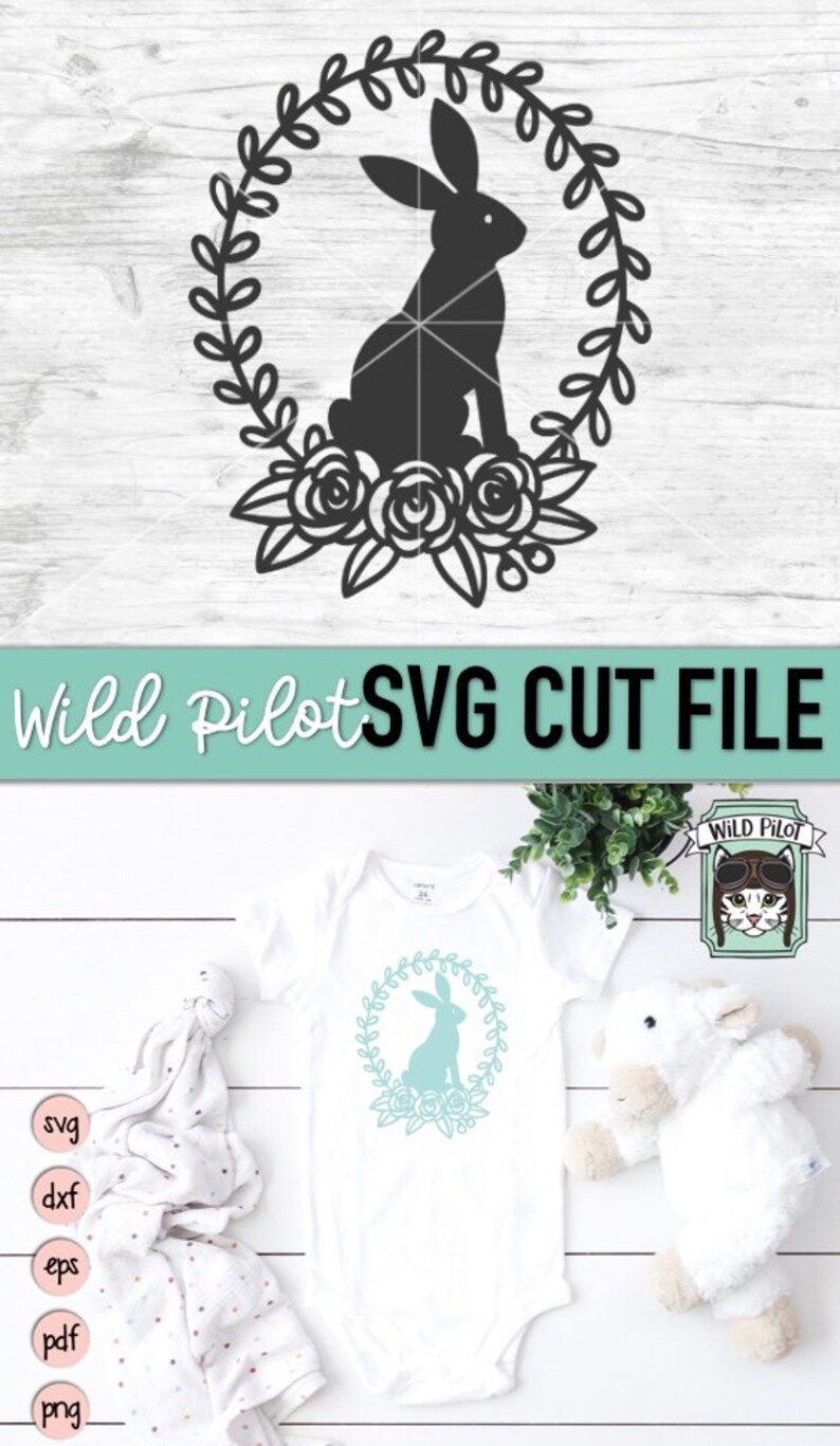 May include: A digital cut file featuring a silhouette of a bunny rabbit sitting in a wreath of leaves and flowers. The design is perfect for creating personalized crafts, home decor, and apparel.