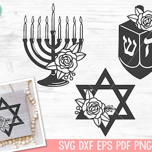 Hanukkah svg file, Chanukah svg file, Floral Hanukkah cut file, Flower Hanukkah svg, Dreidel svg, Menorah svg, Star of David svg, Jewish svg