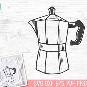 Op de afbeelding: Zwart-wit lijntekening van een espressomaker. Deze vectorafbeelding is geschikt voor het snijden met een Cricut- of Silhouette-machine. Het ontwerp heeft een handvat en een gedetailleerde bovenkant.