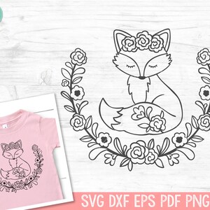 May include: A black and white line drawing of a fox wearing a flower crown and sitting inside a wreath of flowers.