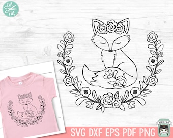 May include: A black and white line drawing of a fox wearing a flower crown and sitting inside a wreath of flowers.