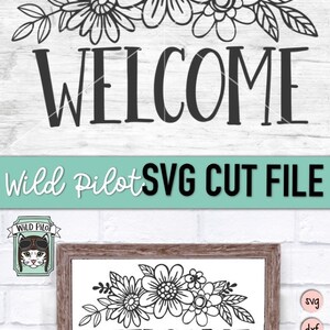 Peut inclure: Un t&eacute;l&eacute;chargement num&eacute;rique en noir et blanc d'une pancarte de bienvenue avec un motif floral. La pancarte dit "Bienvenue" dans une police d'&eacute;criture manuscrite. Le motif floral est au-dessus du mot "Bienvenue".