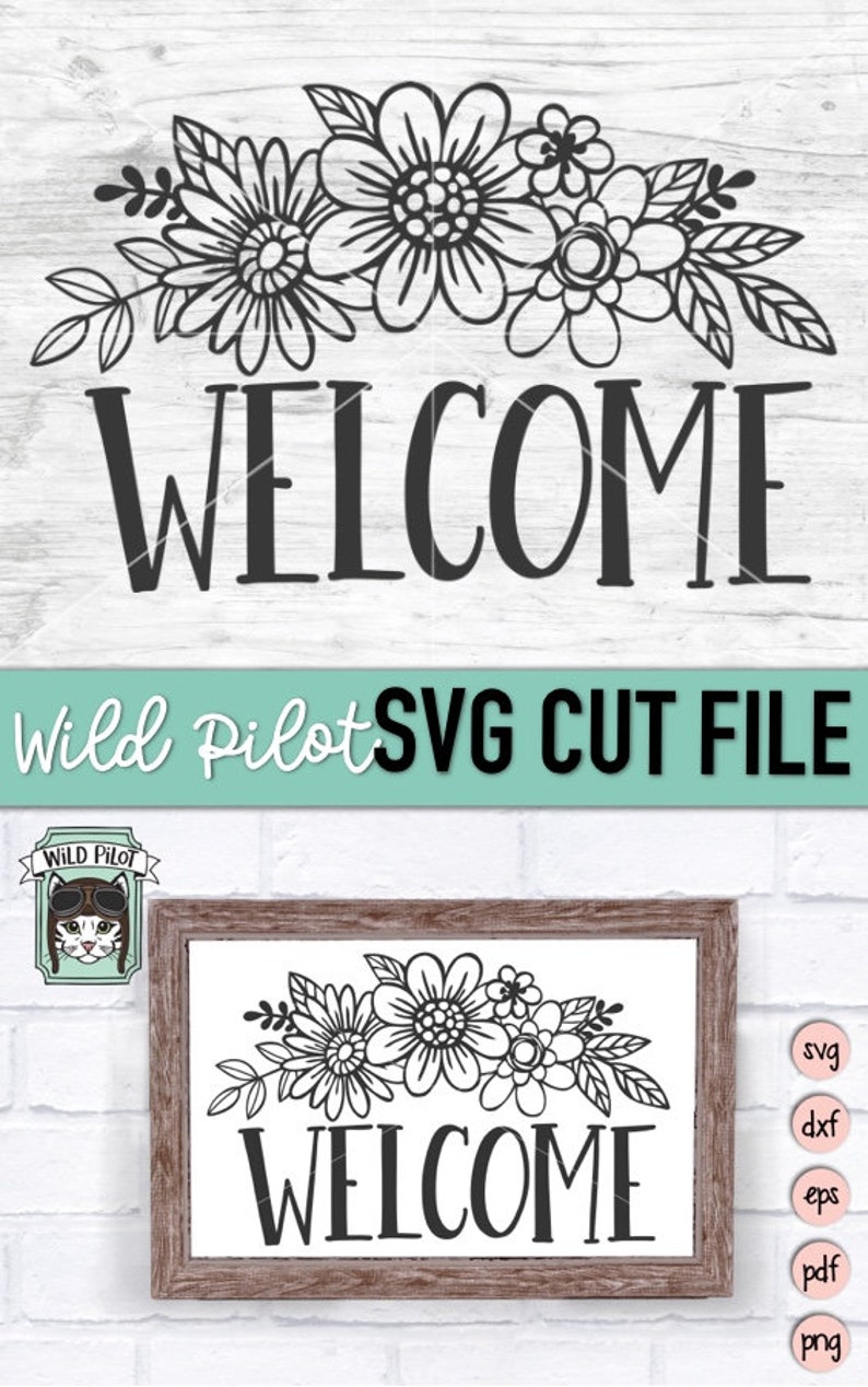 Peut inclure: Un t&eacute;l&eacute;chargement num&eacute;rique en noir et blanc d'une pancarte de bienvenue avec un motif floral. La pancarte dit "Bienvenue" dans une police d'&eacute;criture manuscrite. Le motif floral est au-dessus du mot "Bienvenue".