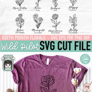 May include: A set of 12 black and white line drawings of flowers representing each month of the year. The flowers are labeled with their names and the corresponding month. The image also shows a purple t-shirt with a black line drawing of a rose and the text "Rose June".