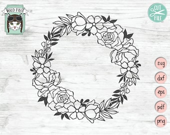 May include: A black and white outline of a floral wreath with large and small flowers. The wreath is circular and has a simple design.