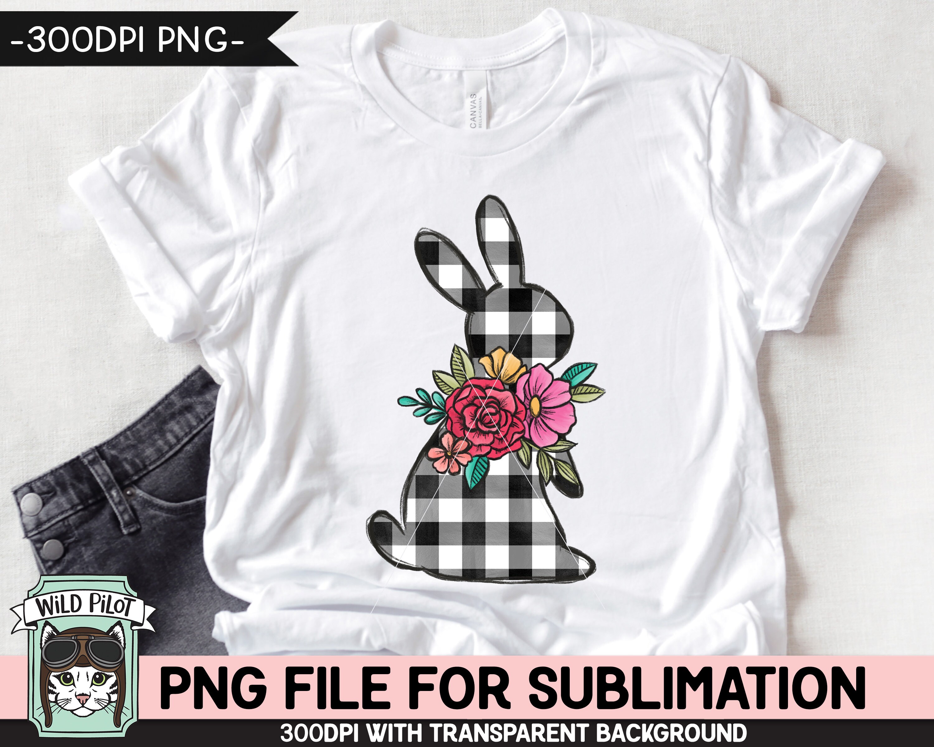 Easter SUBLIMATION Design PNG, Black White Buffalo Plaid Bunny Png File ...