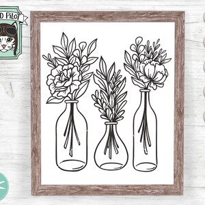 May include: Black and white line art illustration of three bouquets of flowers in glass vases. The flowers are stylized and have a simple design. The vases are tall and slender.