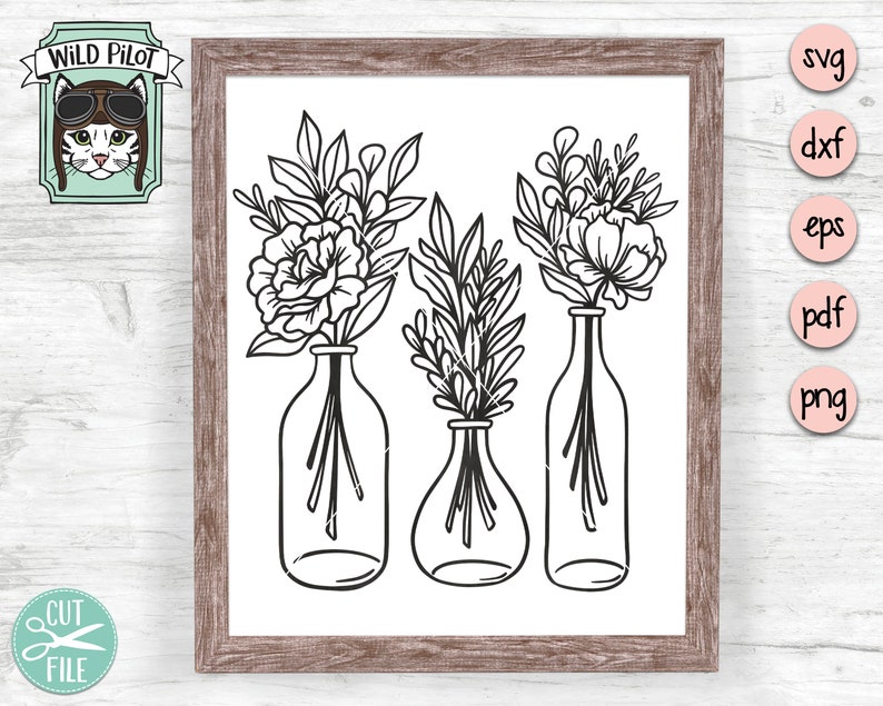 May include: Black and white line art illustration of three bouquets of flowers in glass vases. The flowers are stylized and have a simple design. The vases are tall and slender.