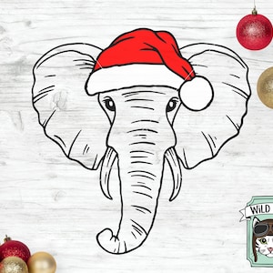 Puede incluir: Un dibujo en blanco y negro de un elefante con un gorro de Papá Noel rojo. El elefante está de frente con la trompa enroscada. El fondo es un patrón de madera blanca.