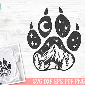 Pfotenabdruck SVG, Berg Szene SVG, Abenteuer SVG, Wald Bäume svg, Camping svg, Wandern svg, im freien svg, Forscher svg, Nachthimmel svg