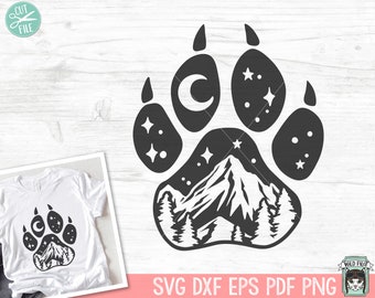 Paw Print SVG, Mountain Scene SVG, Adventure SVG, Forest Trees svg, Camping svg, Hiking svg, Outdoors svg, Explorer svg, Night Sky svg