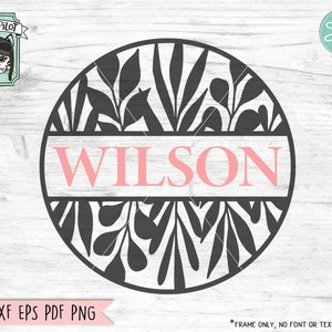 Puede incluir: Un diseño floral en blanco y negro en un círculo con el nombre "WILSON" en texto rosa. El diseño es para un archivo de corte.