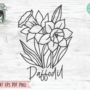 May include: Black and white line art of daffodils with the word "Daffodil" in script. The image includes the text "SVG DXF EPS PDF PNG" and a logo of a cat wearing goggles. A "Cut File" logo is also present.