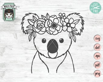Fichier SVG koala, koala avec couronne de fleurs SVG, fichier coupé koala, visage d'animal, couronne de fleurs, koala mignon avec des fleurs sur la tête, fichier svg Australie