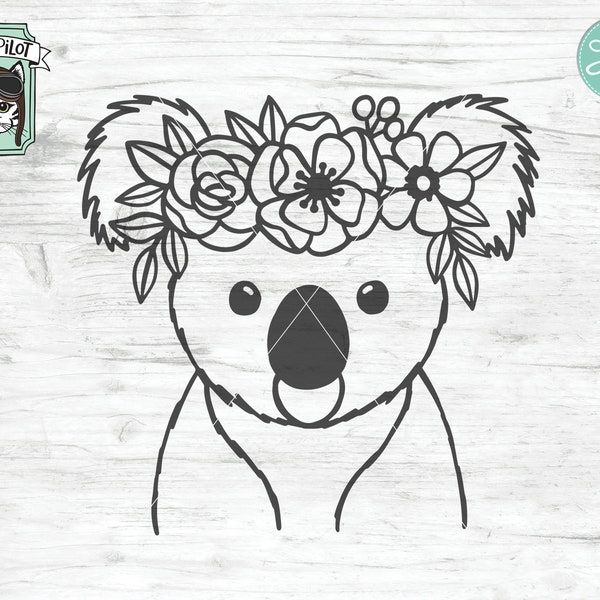 Koala SVG file, Koala with Flower Crown SVG, Koala cut file, Animal Face, Floral Crown, Cute Koala with Flowers on Head, Australia svg file