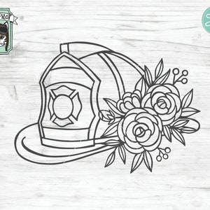 May include: A black and white line drawing of a firefighter's helmet with a floral design. The helmet has a cross on the front and is decorated with roses and leaves.