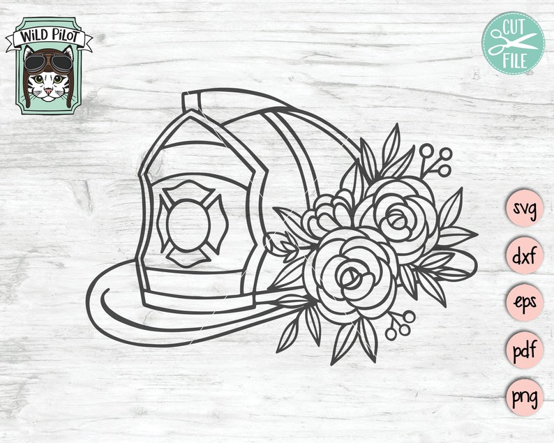 May include: A black and white line drawing of a firefighter's helmet with a floral design. The helmet has a cross on the front and is decorated with roses and leaves.