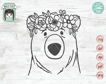 Bear Face SVG, Bear with Flower Crown SVG, Bear cut file, Animal Face, Floral Crown, Bear with Flowers on Head, Cute Bear svg, Animal flower