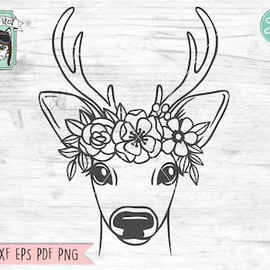 Deer Face SVG, Reindeer svg, Deer Flower Crown SVG, Deer cut file, Animal Face, Floral Crown, Deer with Flowers on Head, Fawn svg, Antlers